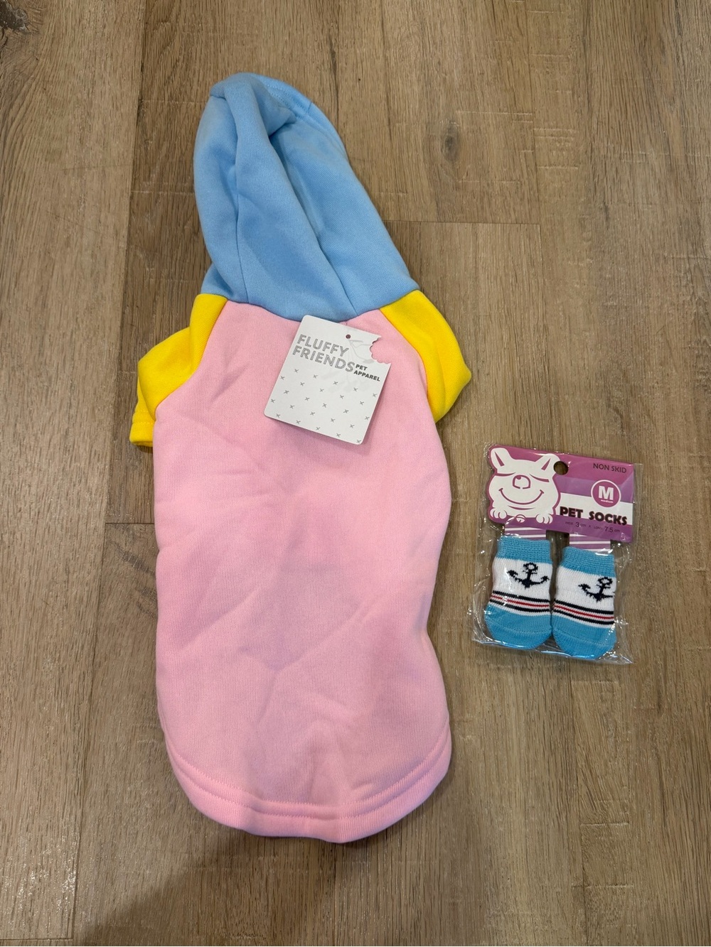 Fluffy Friends Dog Hoodie Size S Pink Blue Yellow Pet Sweatshirt + Socks NWT